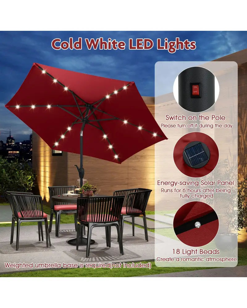 7.5 Feet Solar Powered Patio Umbrella with LED Lights and Crank Handle-Burgundy - Burgundy - Outdoor Umbrellas