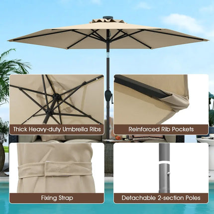 7.5 Feet Solar Powered Patio Umbrella with LED Lights and Crank Handle-Beige - Beige - Outdoor Umbrellas