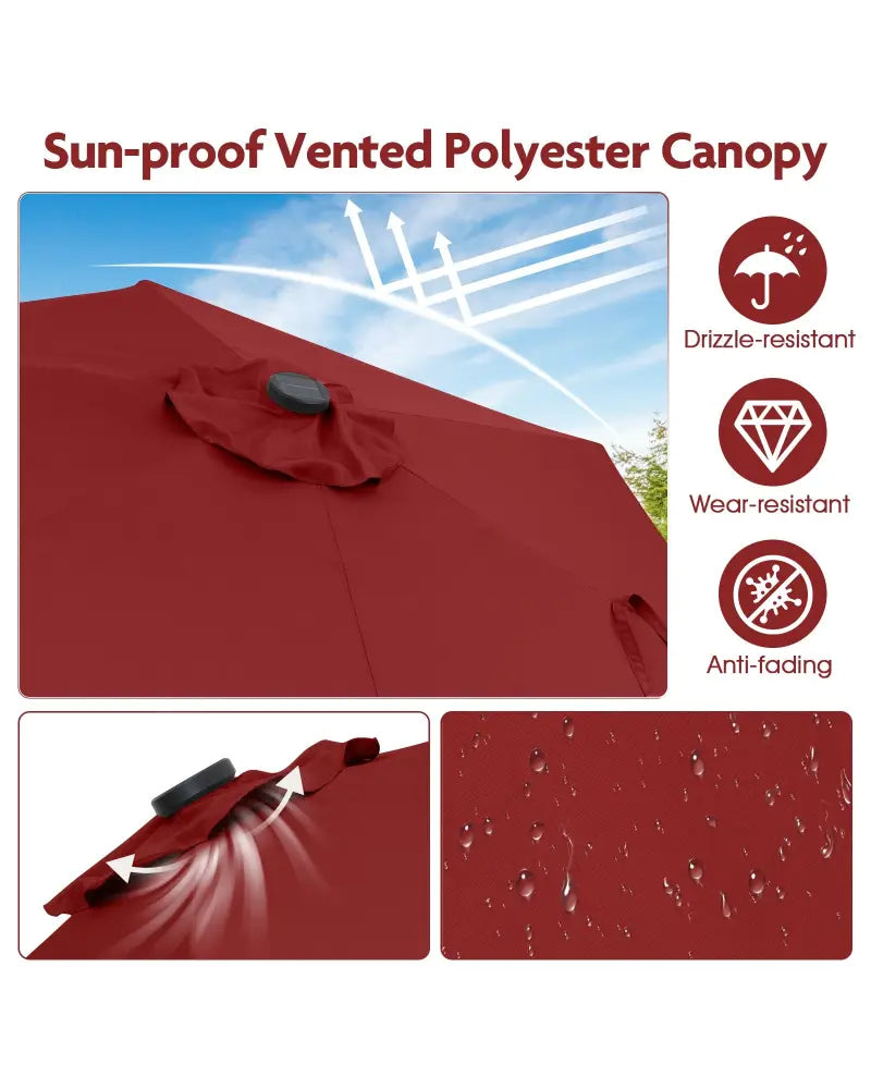 7.5 Feet Solar Powered Patio Umbrella with LED Lights and Crank Handle-Burgundy - Burgundy - Outdoor Umbrellas