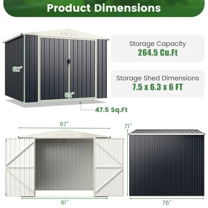 7.5 x 6.3 FT Metal Outdoor Storage Shed with Lockable Door-Gray - Gray - Sheds & Outdoor Storage