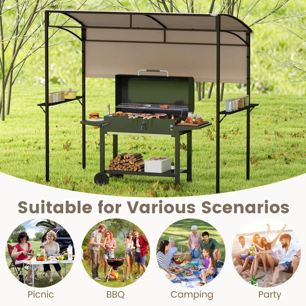 7.8 x 4.4 FT Outdoor Patio BBQ Canopy with Metal Shelves and Bottle Openers-Brown - Brown - Gazebos
