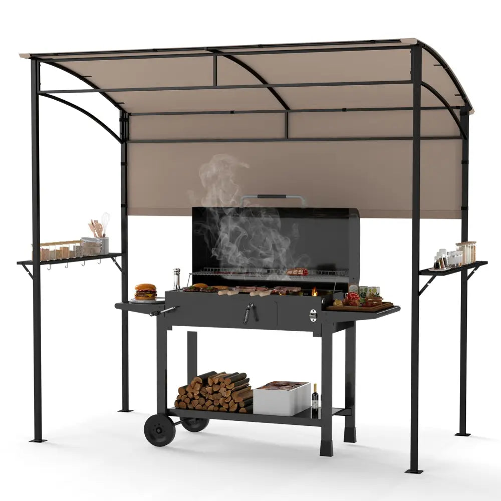 7.8 x 4.4 FT Outdoor Patio BBQ Canopy with Metal Shelves and Bottle Openers-Brown - Brown - Gazebos