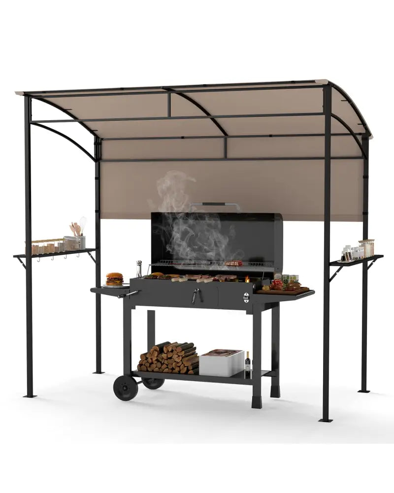 7.8 x 4.4 FT Outdoor Patio BBQ Canopy with Metal Shelves and Bottle Openers-Brown - Brown - Gazebos