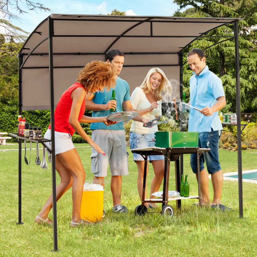 7.8 x 4.4 FT Outdoor Patio BBQ Canopy with Metal Shelves and Bottle Openers-Brown - Brown - Gazebos