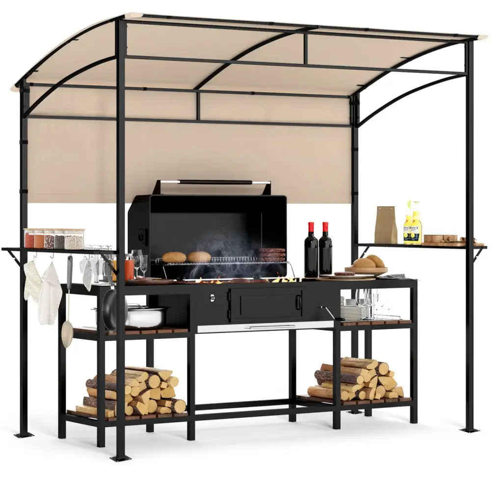 7.8 x 4.4 FT Outdoor Patio BBQ Canopy with Metal Shelves and Bottle Openers-Beige - Beige - Gazebos