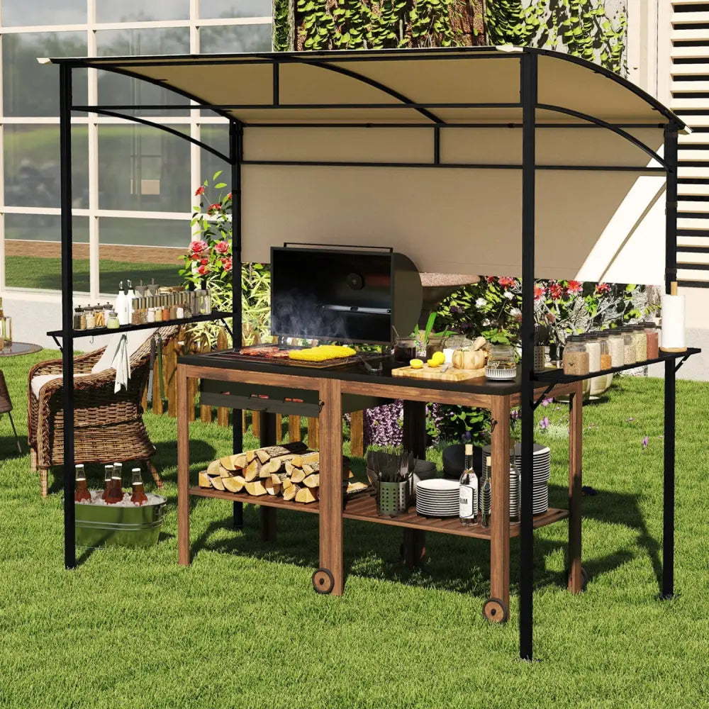 7.8 x 4.4 FT Outdoor Patio BBQ Canopy with Metal Shelves and Bottle Openers-Beige - Beige - Gazebos
