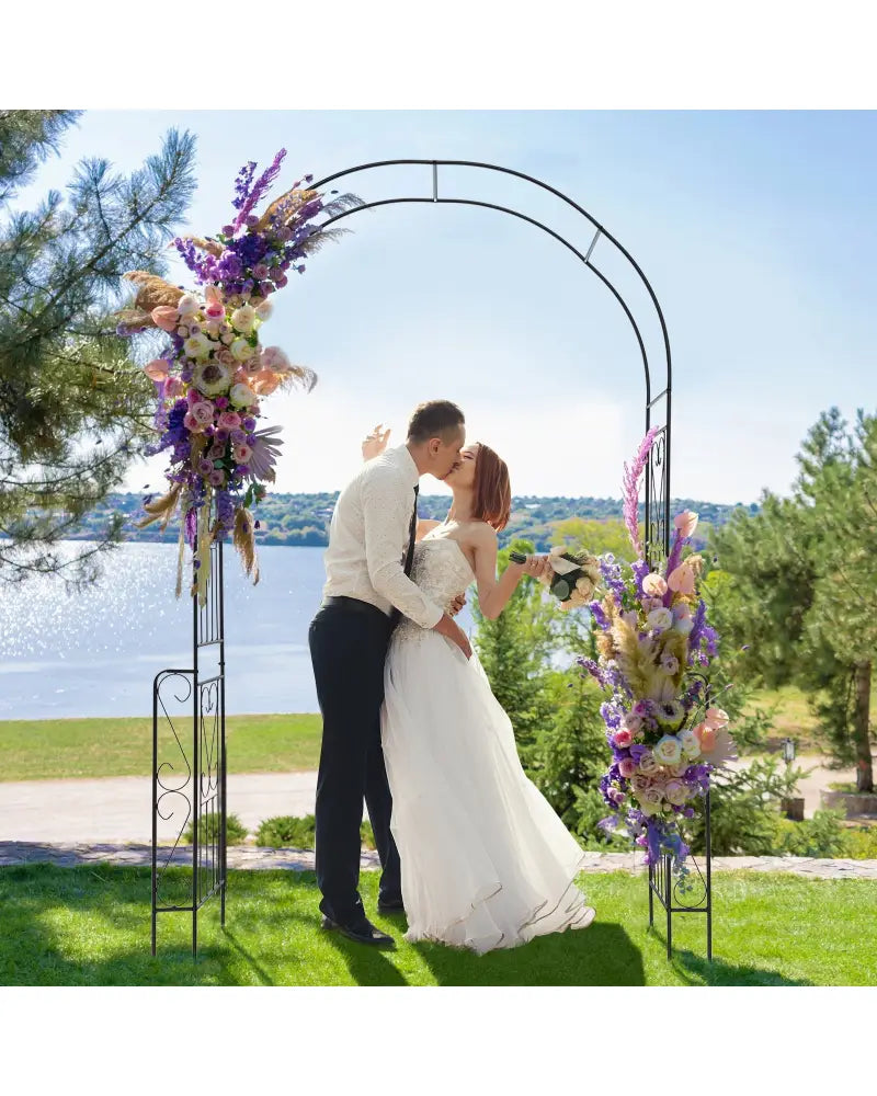 7.9 Feet Metal Garden Arch Backdrop Stand with Fence for Climbing Plants-Black - Black - Garden Arbors