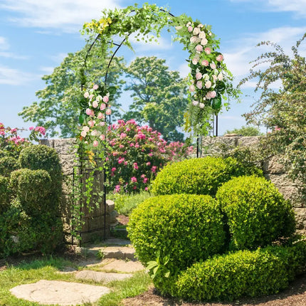 7.9 Feet Metal Garden Arch Backdrop Stand with Fence for Climbing Plants-Black - Black - Outdoor Decor
