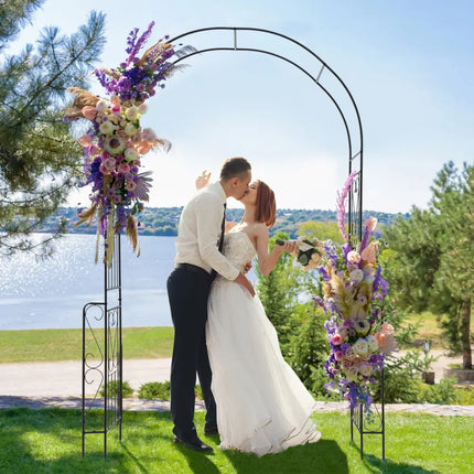 7.9 Feet Metal Garden Arch Backdrop Stand with Fence for Climbing Plants-Black - Black - Outdoor Decor