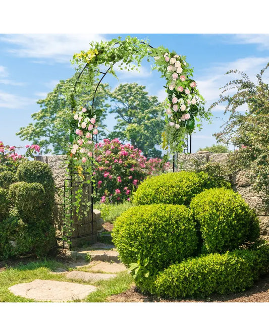 7.9 Feet Metal Garden Arch Backdrop Stand with Fence for Climbing Plants-Black - Black - Garden Arbors
