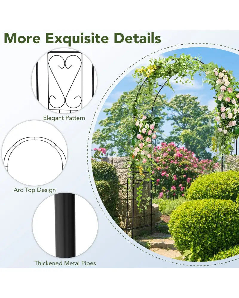 7.9 Feet Metal Garden Arch Backdrop Stand with Fence for Climbing Plants-Black - Black - Garden Arbors