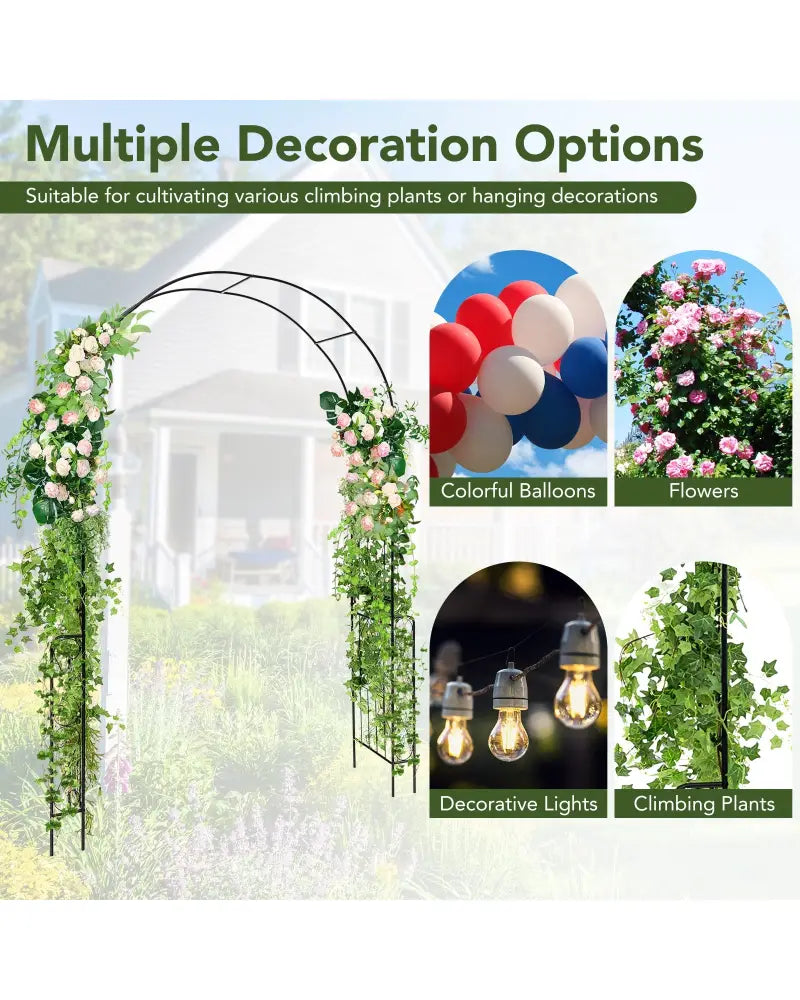 7.9 Feet Metal Garden Arch Backdrop Stand with Fence for Climbing Plants-Black - Black - Garden Arbors