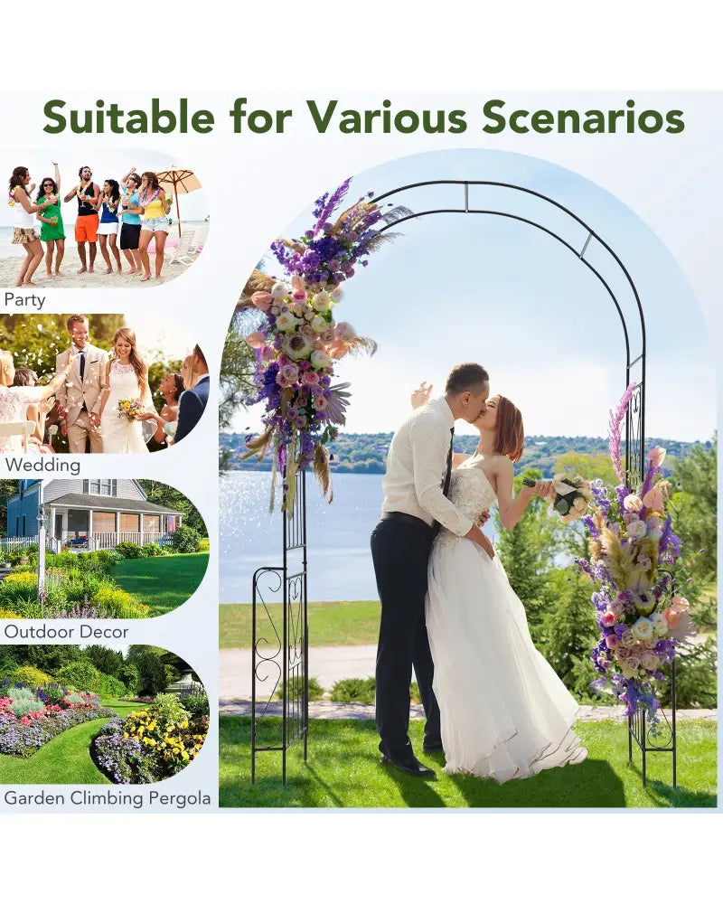 7.9 Feet Metal Garden Arch Backdrop Stand with Fence for Climbing Plants-Black - Black - Garden Arbors