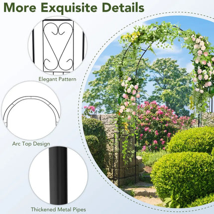 7.9 Feet Metal Garden Arch Backdrop Stand with Fence for Climbing Plants-Black - Black - Outdoor Decor