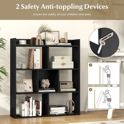 7 Cubes Open-back Bookshelf with Anti-Toppling Devices-Black - Black - Bookcases