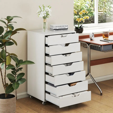 7-Drawer Chest Storage Dresser Floor Cabinet Organizer with Wheels-White - White - File Cabinets