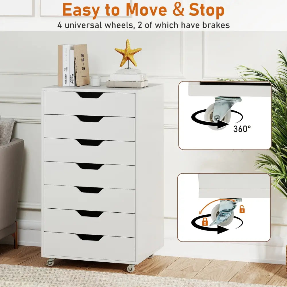 7-Drawer Chest Storage Dresser Floor Cabinet Organizer with Wheels-White - White - File Cabinets