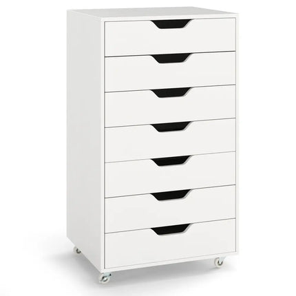 7-Drawer Chest Storage Dresser Floor Cabinet Organizer with Wheels-White - White - File Cabinets