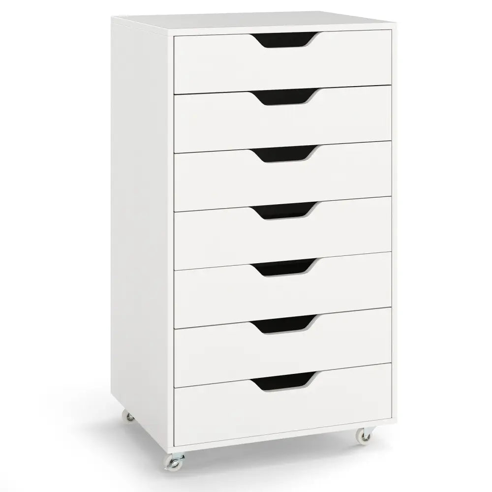 7-Drawer Chest Storage Dresser Floor Cabinet Organizer with Wheels-White - White - File Cabinets