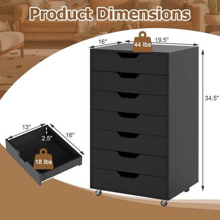 7-Drawer Chest Wooden Storage Dresser with Lockable Wheels-Black - Black - File Cabinets