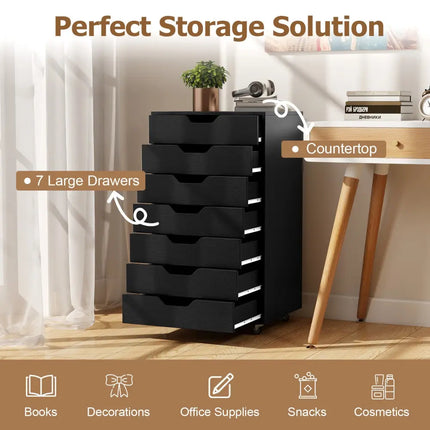 7-Drawer Chest Wooden Storage Dresser with Lockable Wheels-Black - Black - File Cabinets