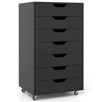 7-Drawer Chest Wooden Storage Dresser with Lockable Wheels-Black - Black - File Cabinets