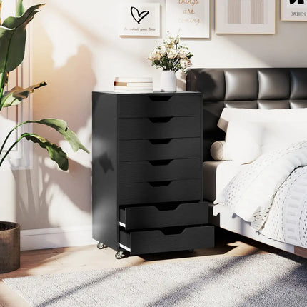 7-Drawer Chest Wooden Storage Dresser with Lockable Wheels-Black - Black - File Cabinets