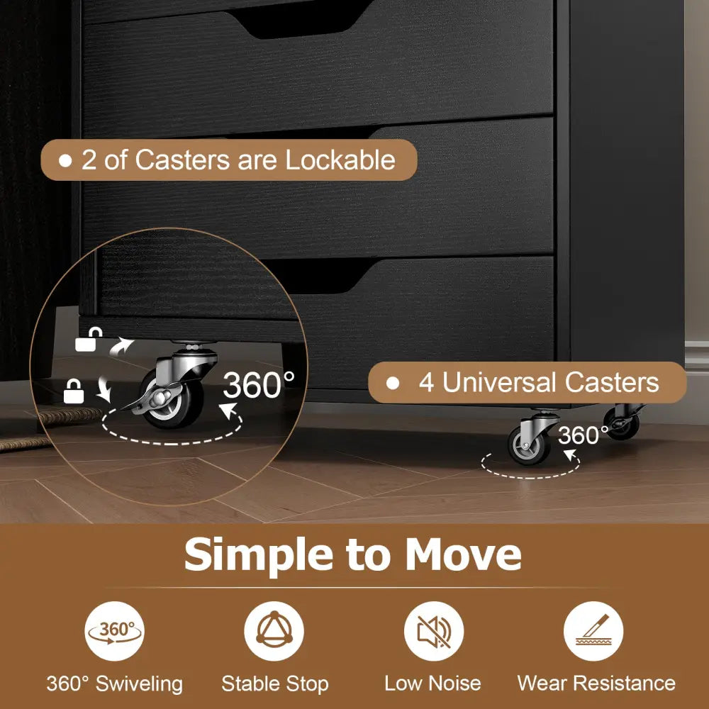7-Drawer Chest Wooden Storage Dresser with Lockable Wheels-Black - Black - File Cabinets
