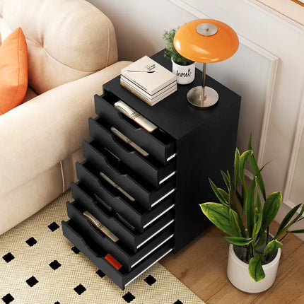7-Drawer Chest Wooden Storage Dresser with Lockable Wheels-Black - Black - File Cabinets