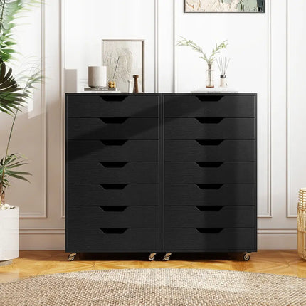 7-Drawer Chest Wooden Storage Dresser with Lockable Wheels-Black - Black - File Cabinets