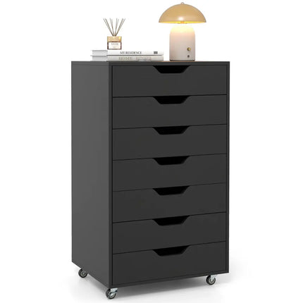 7-Drawer Chest Wooden Storage Dresser with Lockable Wheels-Black - Black - File Cabinets