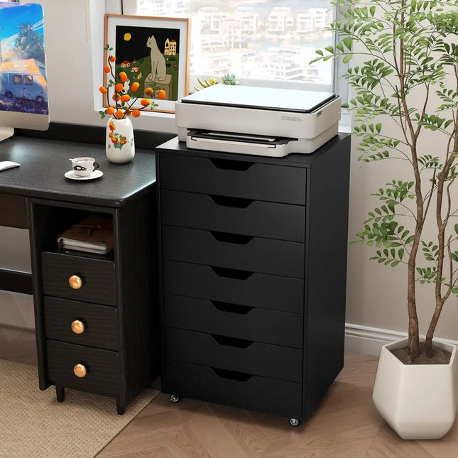 7-Drawer Chest Wooden Storage Dresser with Lockable Wheels-Black - Black - File Cabinets