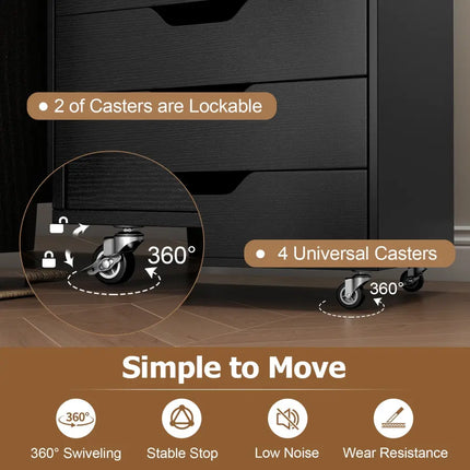 7-Drawer Chest Wooden Storage Dresser with Lockable Wheels-Black - Black - File Cabinets