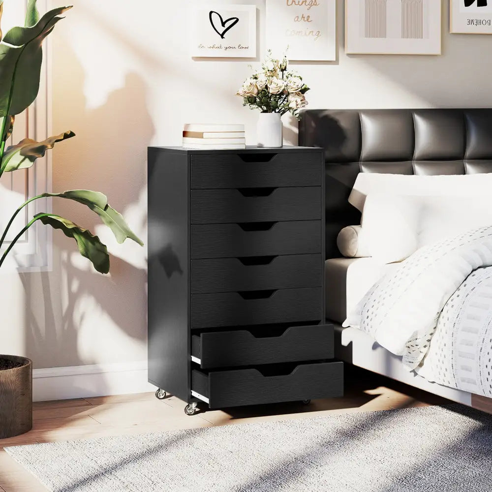 7-Drawer Chest Wooden Storage Dresser with Lockable Wheels-Black - Black - File Cabinets