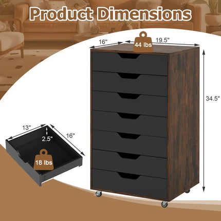 7-Drawer Chest Wooden Storage Dresser with Lockable Wheels-Rustic Brown - Rustic Brown - File Cabinets
