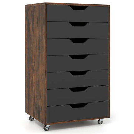 7-Drawer Chest Wooden Storage Dresser with Lockable Wheels-Rustic Brown - Rustic Brown - File Cabinets