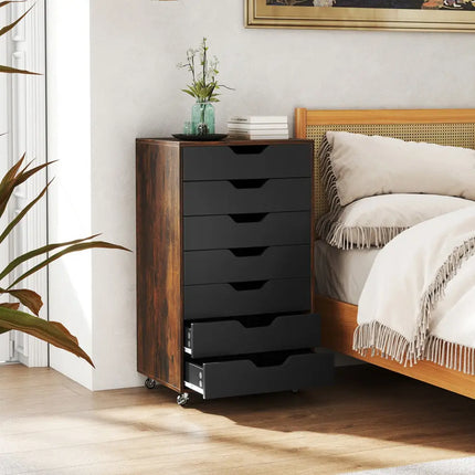 7-Drawer Chest Wooden Storage Dresser with Lockable Wheels-Rustic Brown - Rustic Brown - File Cabinets