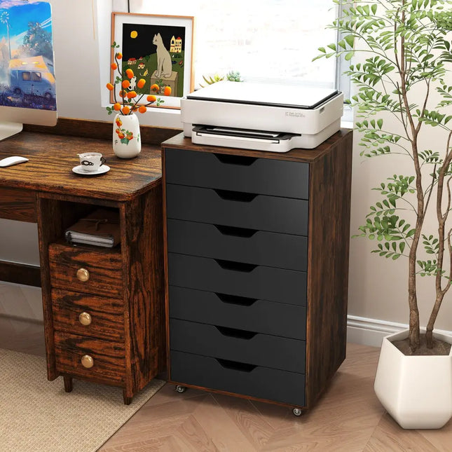 7-Drawer Chest Wooden Storage Dresser with Lockable Wheels-Rustic Brown - Rustic Brown - File Cabinets