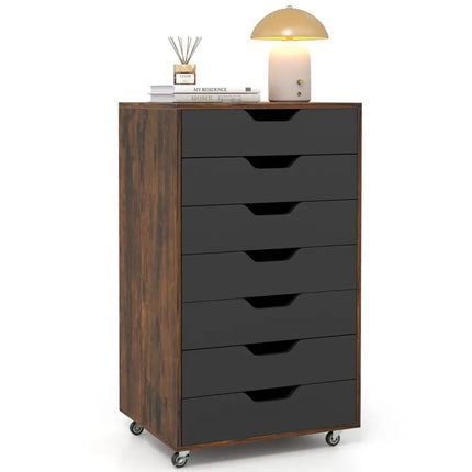 7-Drawer Chest Wooden Storage Dresser with Lockable Wheels-Rustic Brown - Rustic Brown - File Cabinets