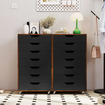 7-Drawer Chest Wooden Storage Dresser with Lockable Wheels-Rustic Brown - Rustic Brown - File Cabinets