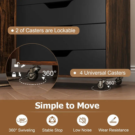 7-Drawer Chest Wooden Storage Dresser with Lockable Wheels-Rustic Brown - Rustic Brown - File Cabinets