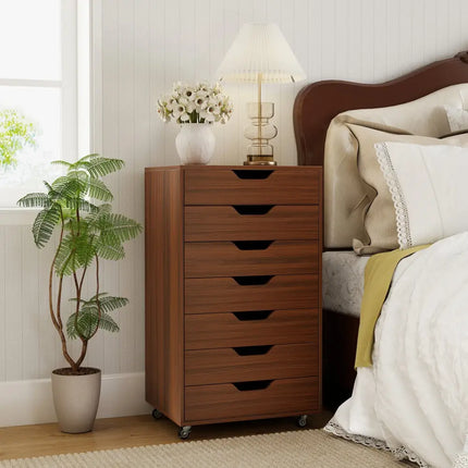 7-Drawer Chest Wooden Storage Dresser with Lockable Wheels-Walnut - Walnut - File Cabinets