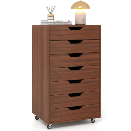 7-Drawer Chest Wooden Storage Dresser with Lockable Wheels-Walnut - Walnut - File Cabinets