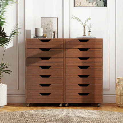 7-Drawer Chest Wooden Storage Dresser with Lockable Wheels-Walnut - Walnut - File Cabinets