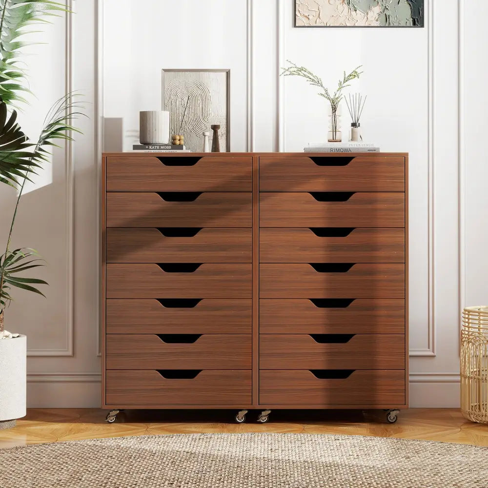 7-Drawer Chest Wooden Storage Dresser with Lockable Wheels-Walnut - Walnut - File Cabinets