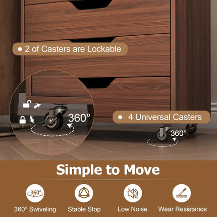 7-Drawer Chest Wooden Storage Dresser with Lockable Wheels-Walnut - Walnut - File Cabinets