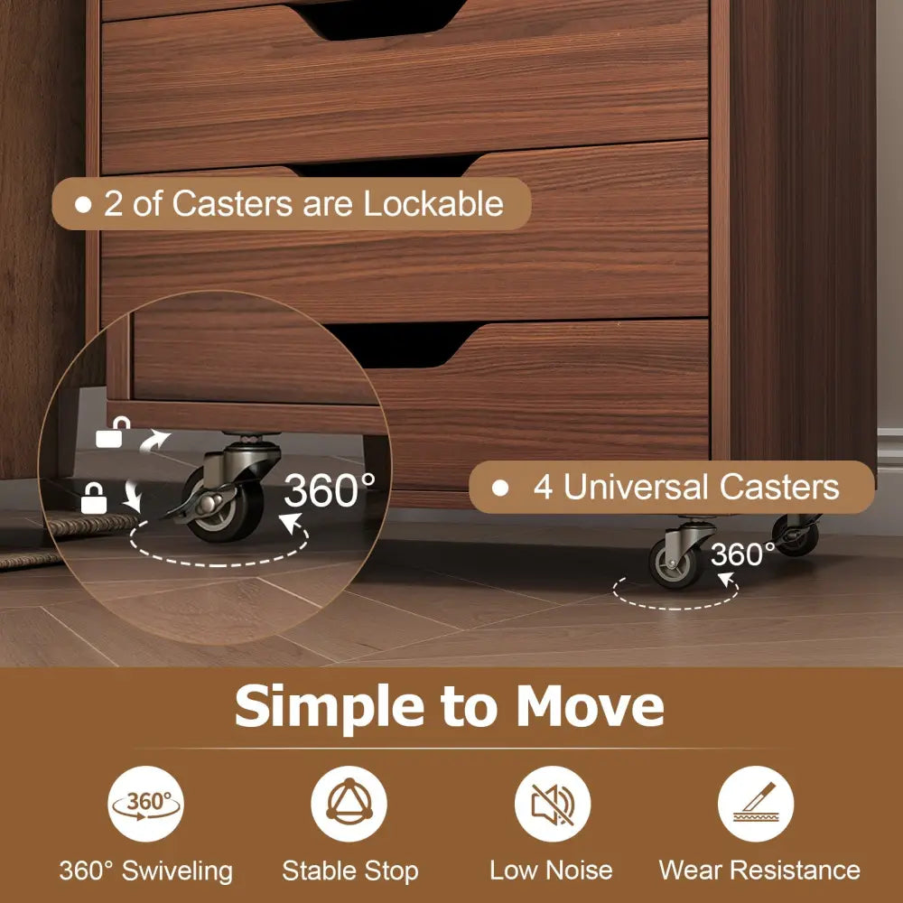 7-Drawer Chest Wooden Storage Dresser with Lockable Wheels-Walnut - Walnut - File Cabinets