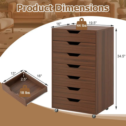 7-Drawer Chest Wooden Storage Dresser with Lockable Wheels-Walnut - Walnut - File Cabinets