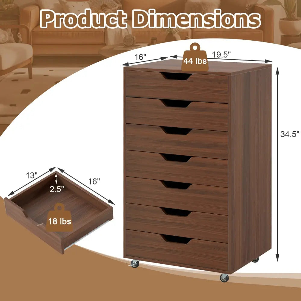 7-Drawer Chest Wooden Storage Dresser with Lockable Wheels-Walnut - Walnut - File Cabinets