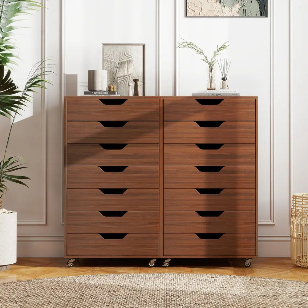 7-Drawer Chest Wooden Storage Dresser with Lockable Wheels-Walnut - Walnut - File Cabinets